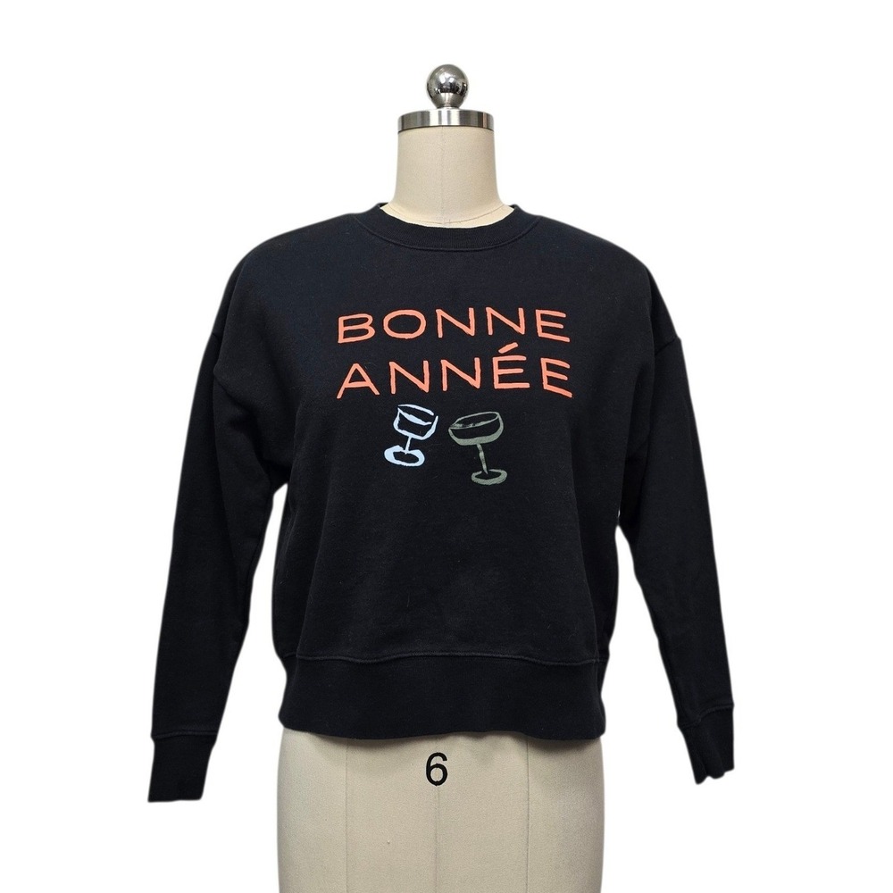 Phthalo Ruth for Maeve Anthropologie Bonne Annee Graphic Sweatshirt Black XXS